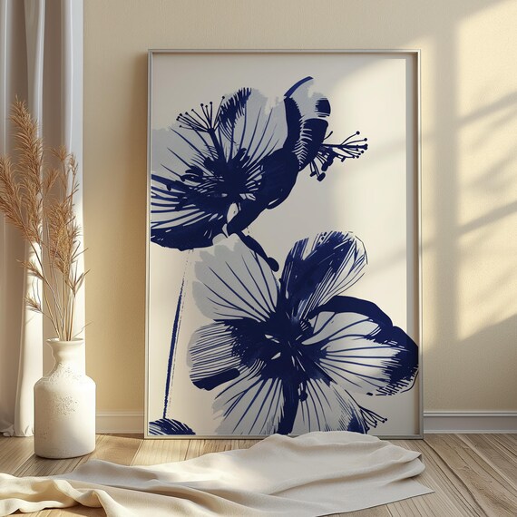Navy Blue Abstract Flower Painting Coastal Floral Sketch Wall Art