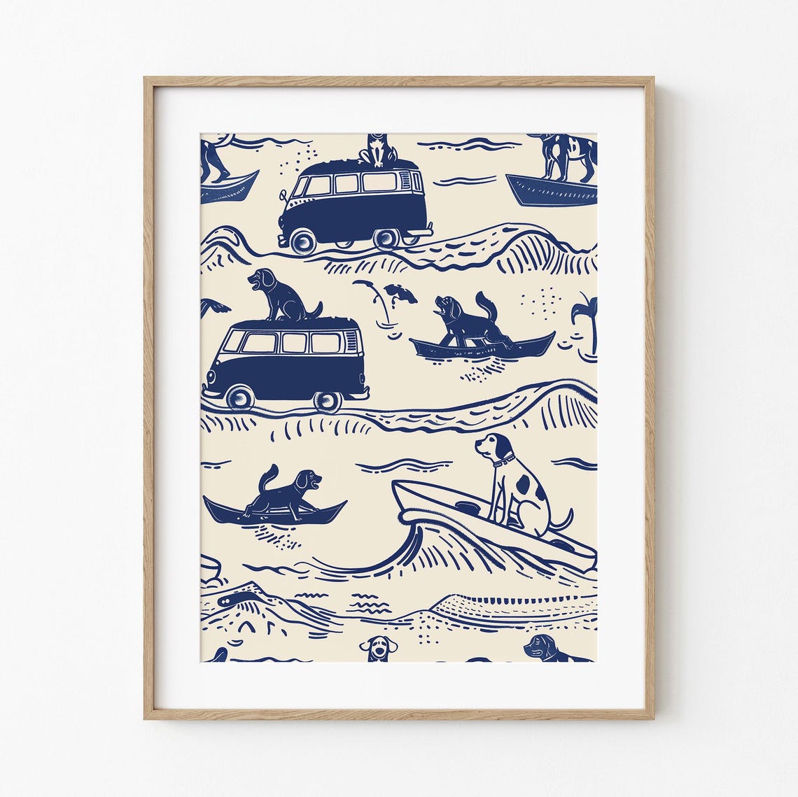 Beach Dogs Surf Toile Pattern Navy Coastal Whimsical Dog Poster