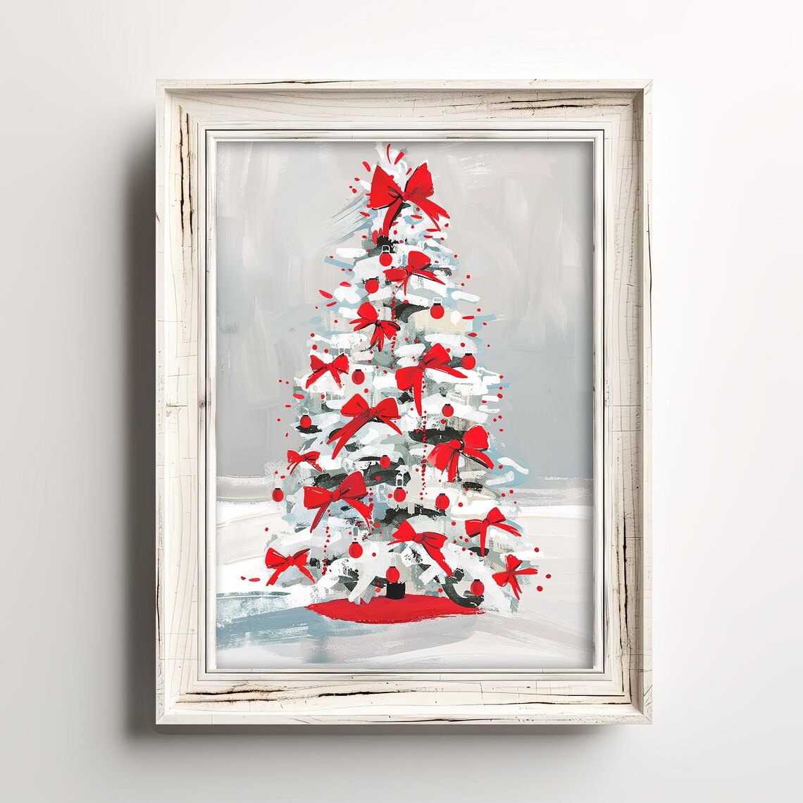 White Christmas Tree Red Bows Painting Holiday Poster Festive Decor Art