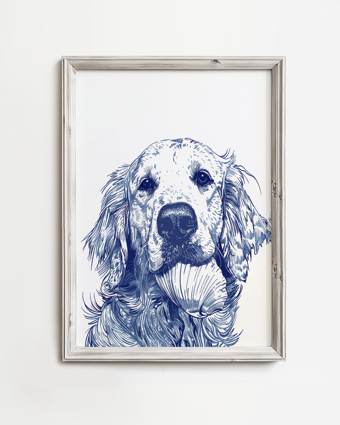 Golden Retriever Holding Seashell Navy Blue Ink Sketch Dog Poster