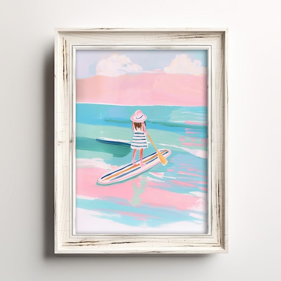 Girl Paddleboarding Pastel Painting Pink Ocean Summer Beach Poster