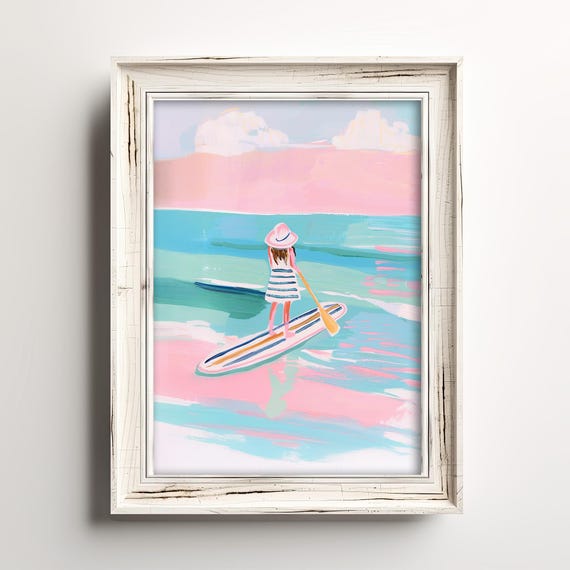Pastel Girl Paddleboarding Pink Watercolor Painting Summer Ocean Home Art Coastal Caribbean Decor Girly