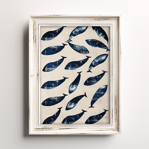 Whale School Navy Blue Rustic Vintage Coastal Pattern Art Print