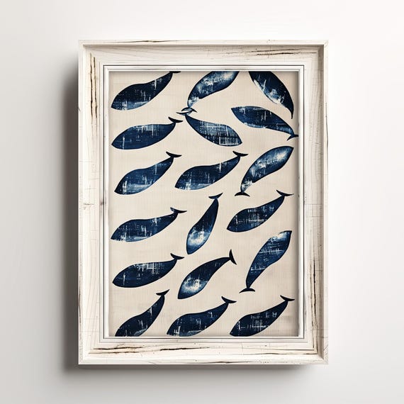 Whale Watch Vintage Coastal Island Art Rustic Navy Blue Transparent Sketch Beach Wall Decor Trendy