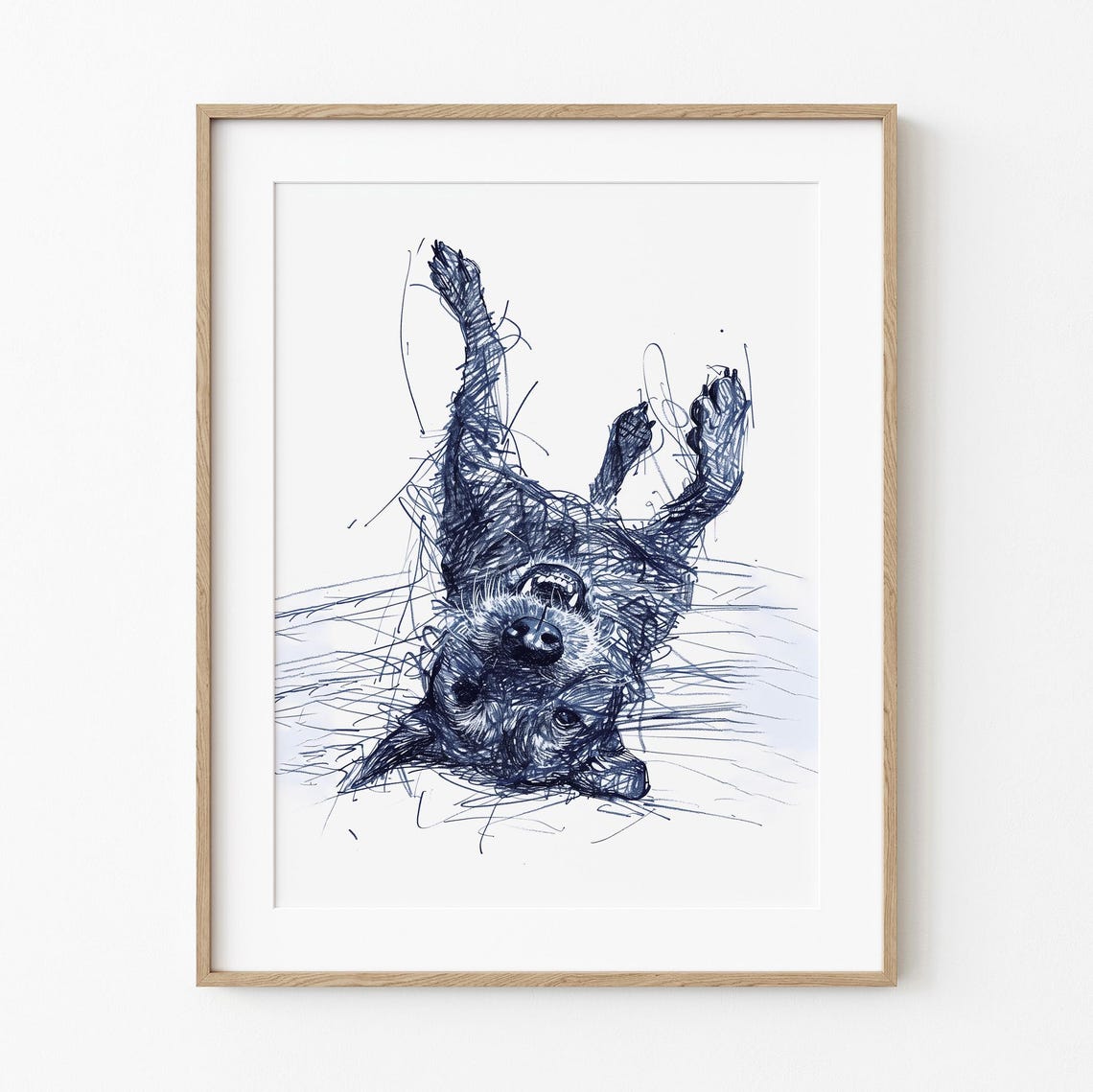 Roll Over Doggo Sketch Playful Joyful Simplistic Art Dog Enthusiast Minimalist Decor Navy Blue Line Print
