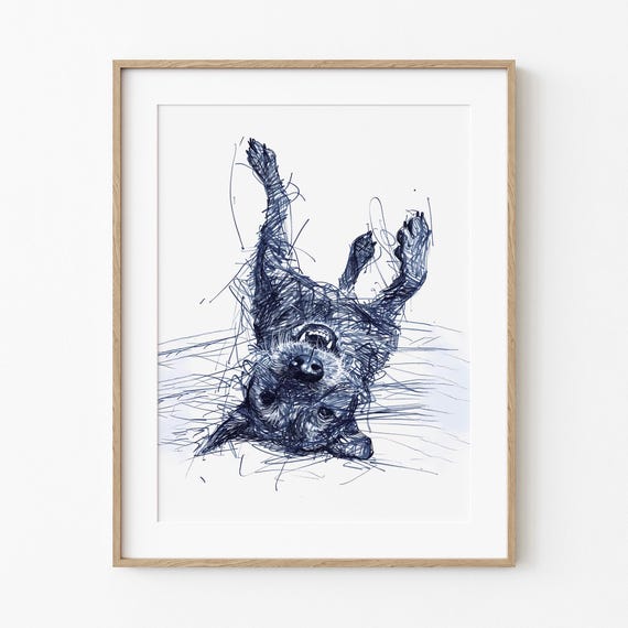 Roll Over Doggo Sketch Playful Joyful Simplistic Art Dog Enthusiast Minimalist Decor Navy Blue Line Print