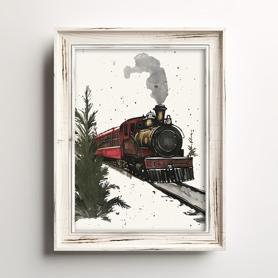Red Steam Locomotive in Snow Watercolor Vintage Train Poster