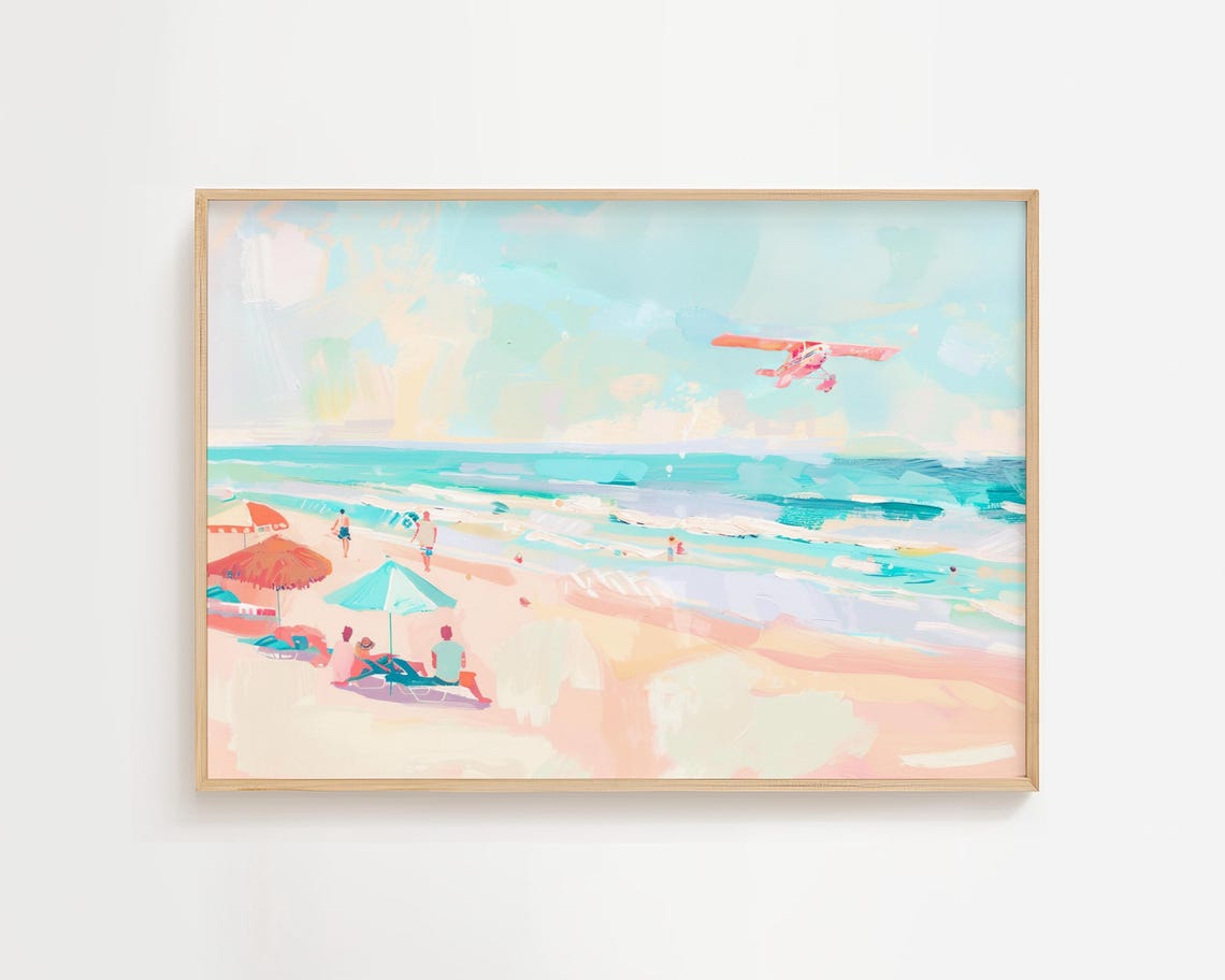 Pastel Beach Scene Poster Airplane Flyover Umbrellas And Waves