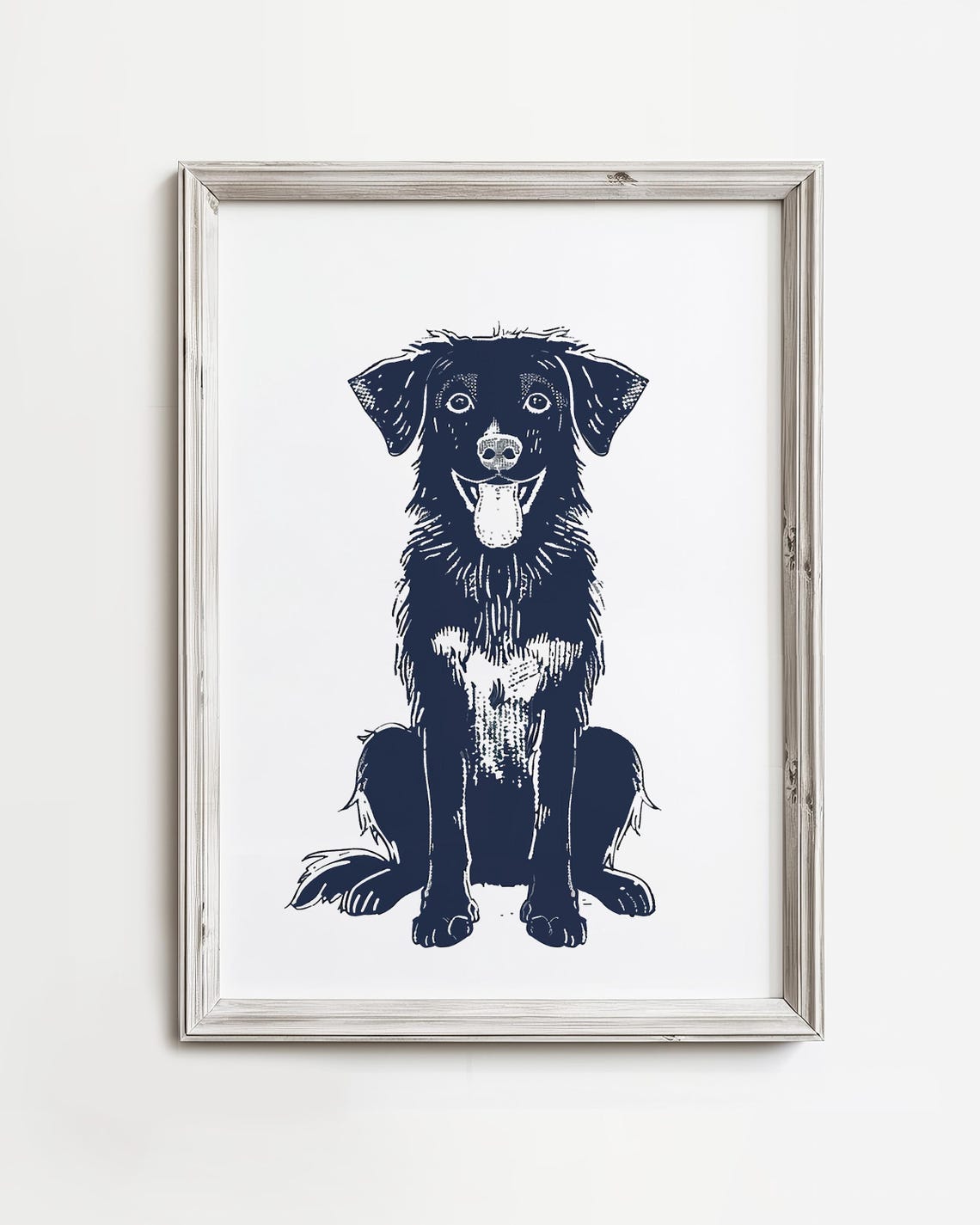 Smiling Mutt Sketch Navy Blue Line Drawing Happy Dog Art Poster