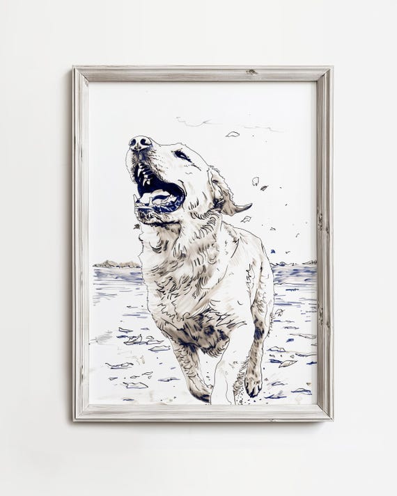 Golden Retriever Puppy Fall Dog Sketch Art Adorable Lovers Print Autumn Season Decor Warm Brown Blues