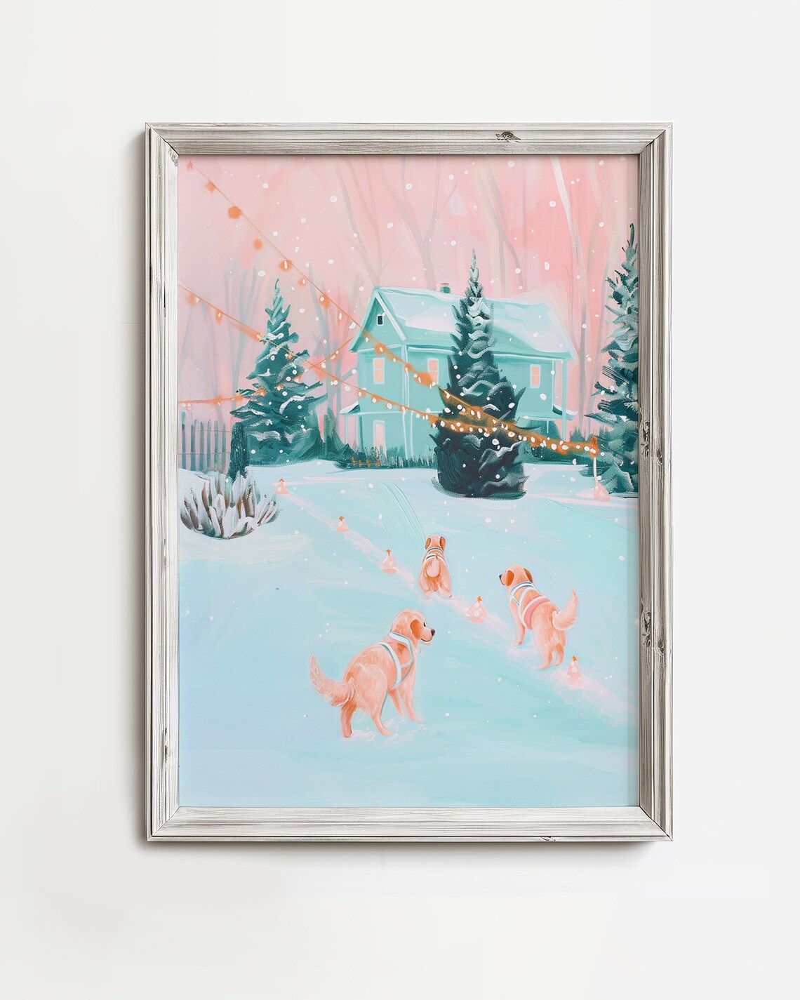 Golden Retrievers In Snow, Winter Holiday Art Print