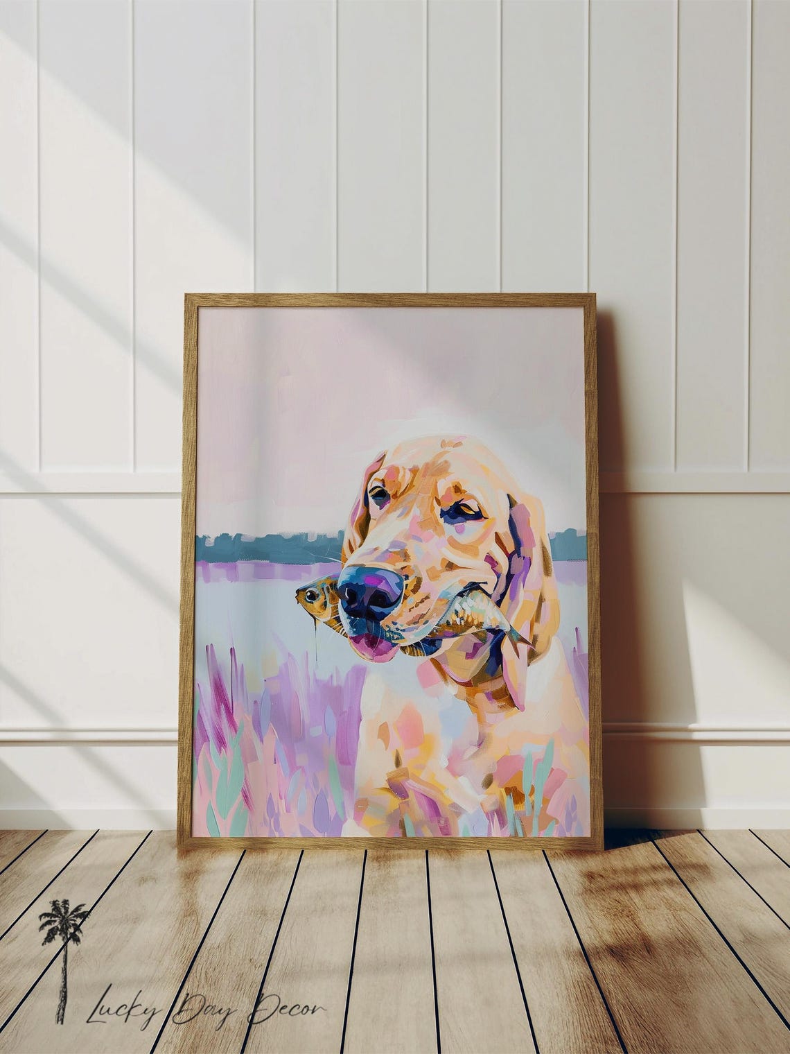 Bloodhound Dog With Fish Pastel Colorful Happy Puppy Art Poster