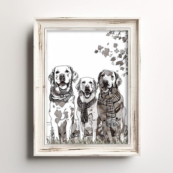 Fall Dogs In Scarves Muted Dog Sketch Art Adorable Lovers Print Autumn Season Wall Decor Grey Tone