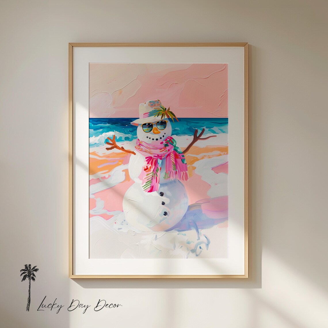 Snowman on Vacation Pink Beach Christmas Sunglasses Tropical Art Poster