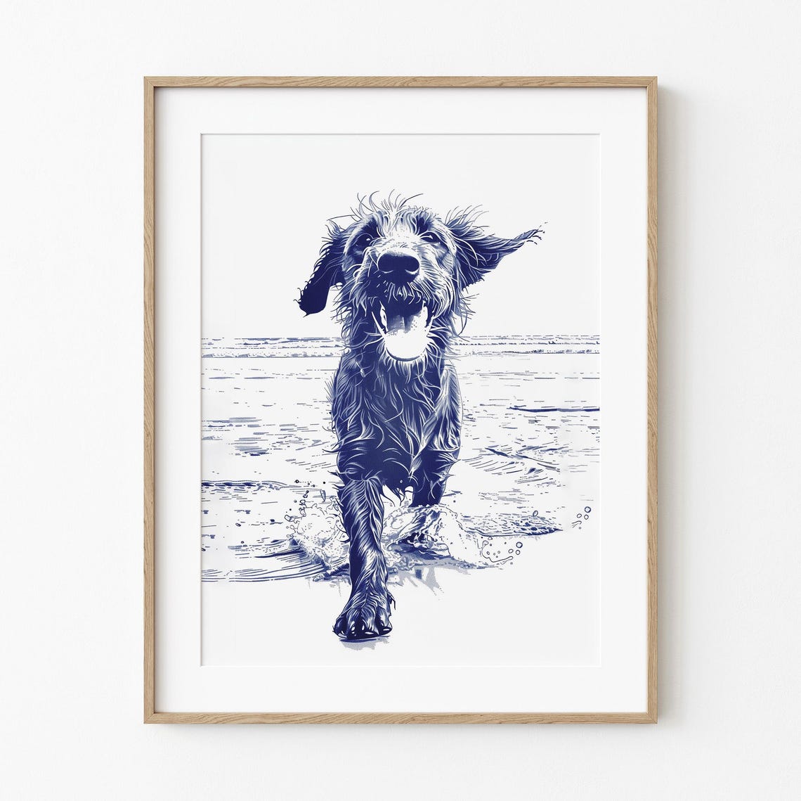 Happy Doodle Running Beach Navy Ink Coastal Summer Dog Art Poster