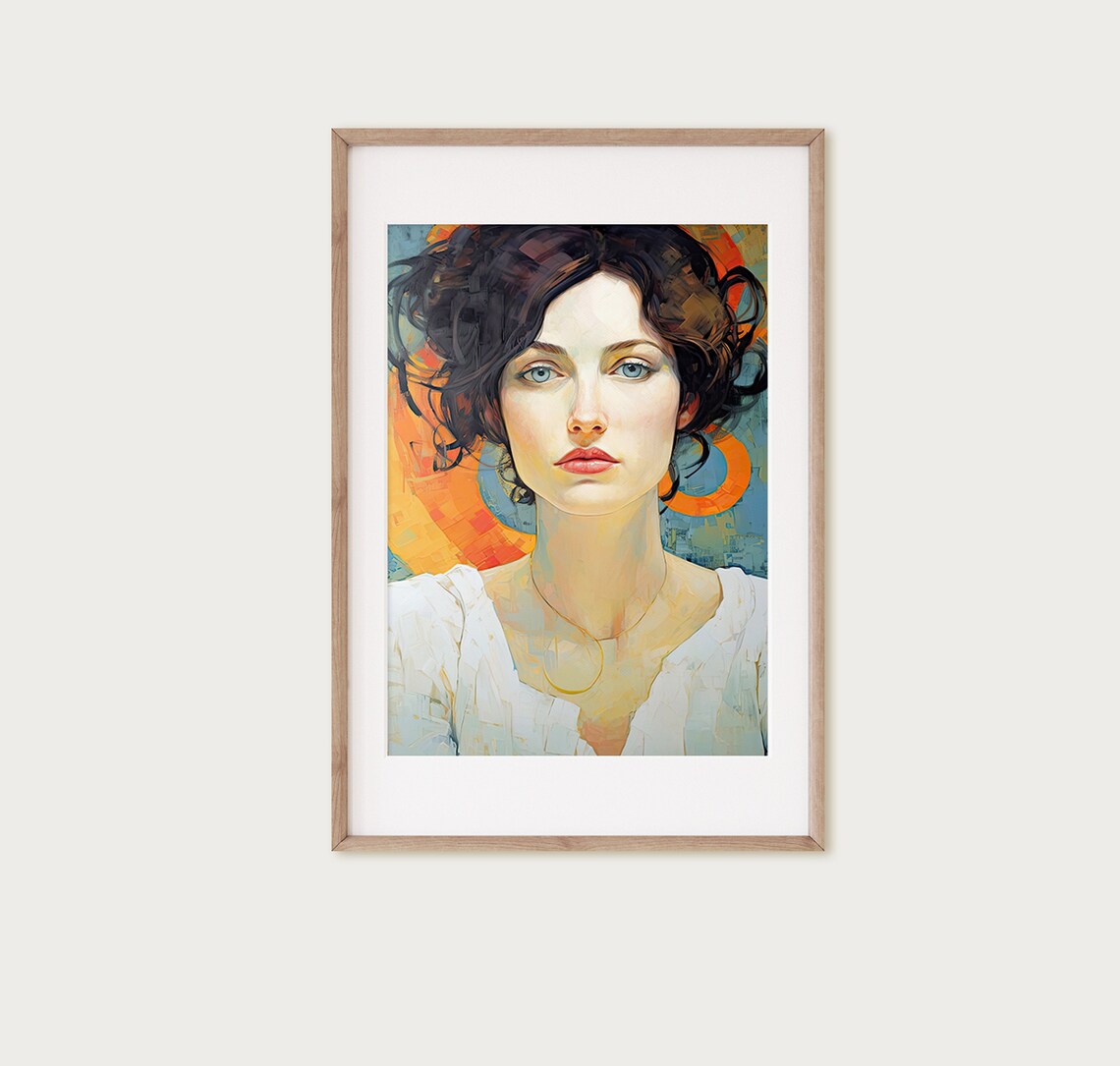 Dark Haired Woman Portrait Orange Halo Mosaic Style Painting Poster