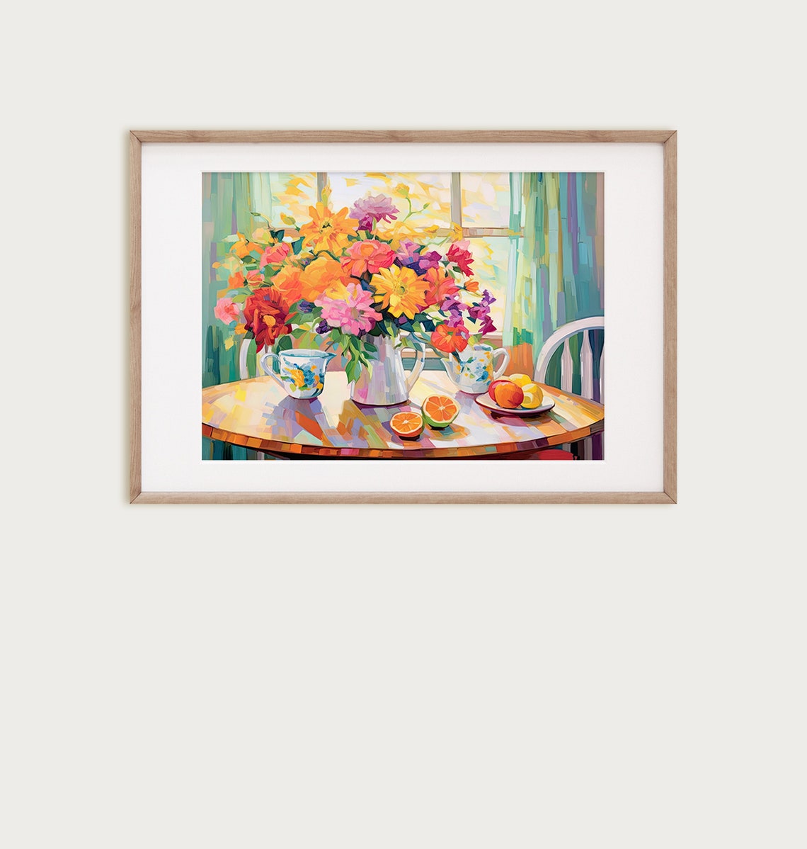 Impressionist Flower Bouquet Pitcher Blue Cups Still Life Wall Art
