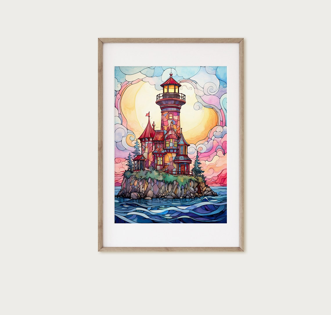 Red Lighthouse Sunset Rocky Coast Watercolor Nautical Art Poster