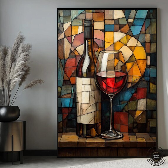 Cubist Stained Glass Wine Bottle and Red Wine Glass Mosaic Still Life Poster