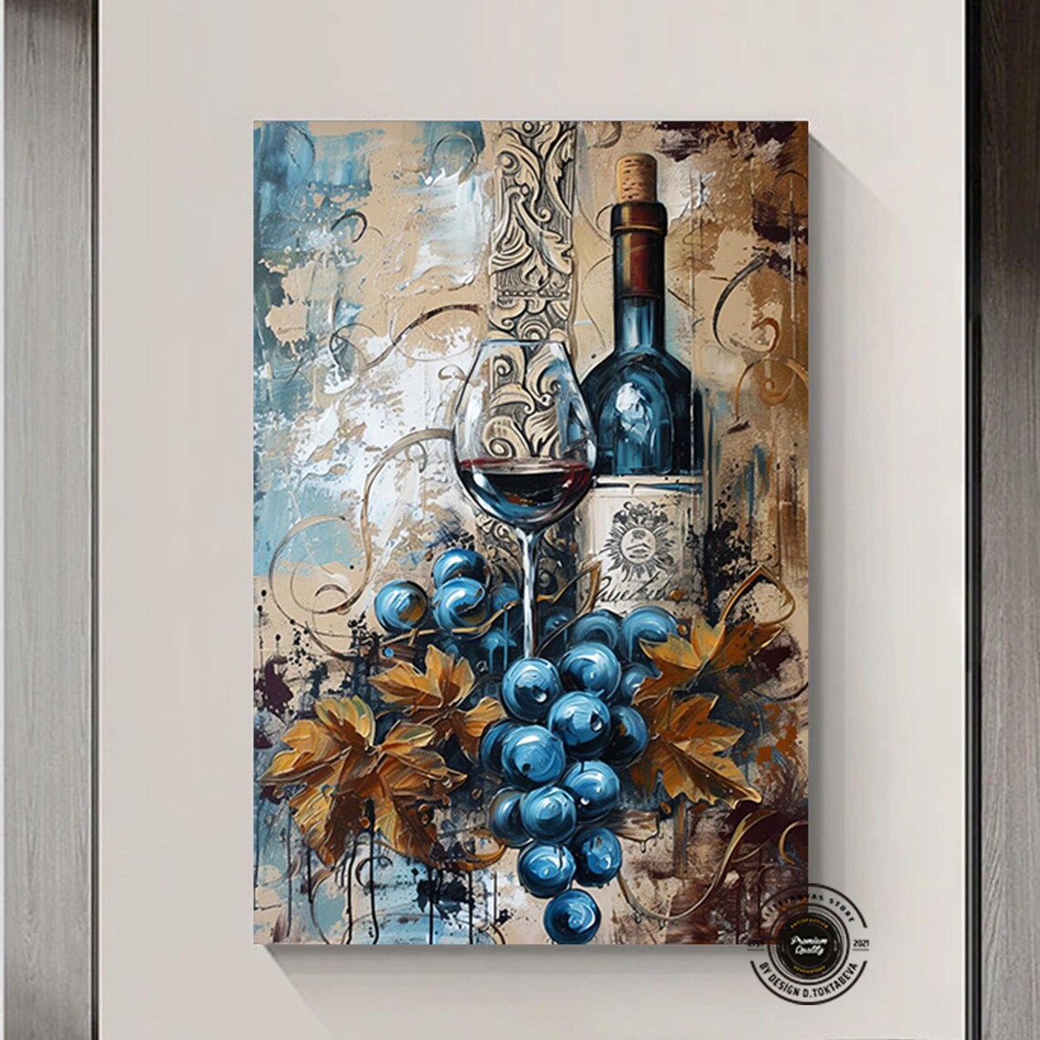 Red Wine Bottle Glass Blue Grapes Rustic Vineyard Still Life Poster
