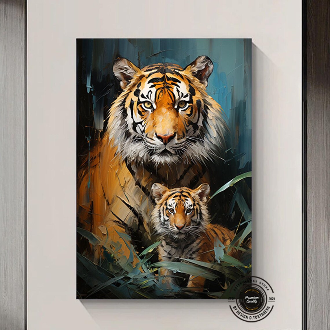 Tiger and Cub Jungle Oil Painting Wildlife Mother Love Poster