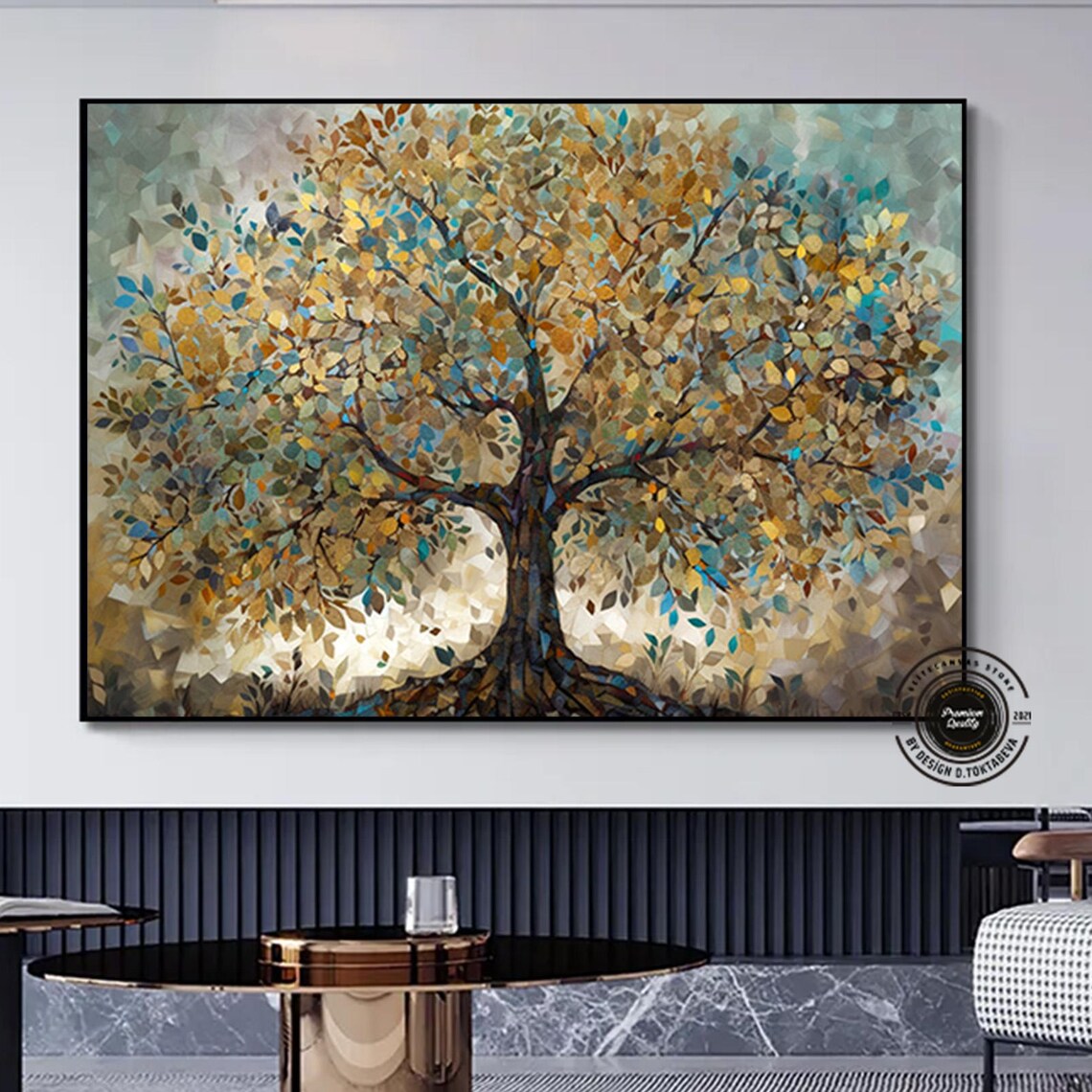 Tree of Life Mosaic Gold Teal Leaves Nature Harmony Symbol Poster