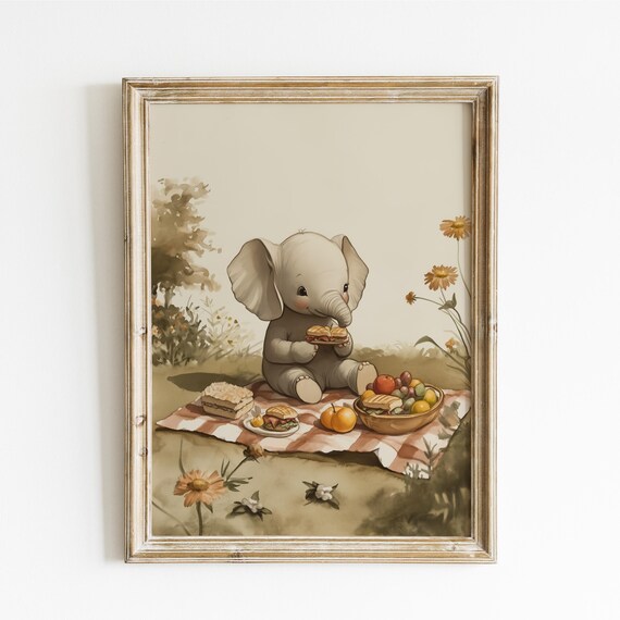 Baby Elephant Enjoying a Picnic with Sandwiches and Fruit Poster