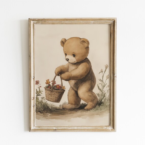 Teddy Bear Gathering Flowers in a Woven Basket Nursery Poster