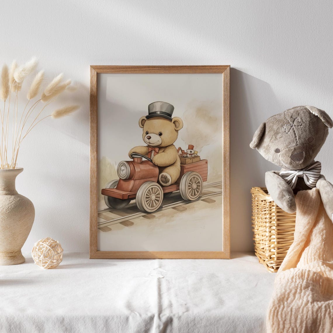 Teddy Bear Train Conductor in Top Hat Driving Red Toy Engine Poster - Image 2