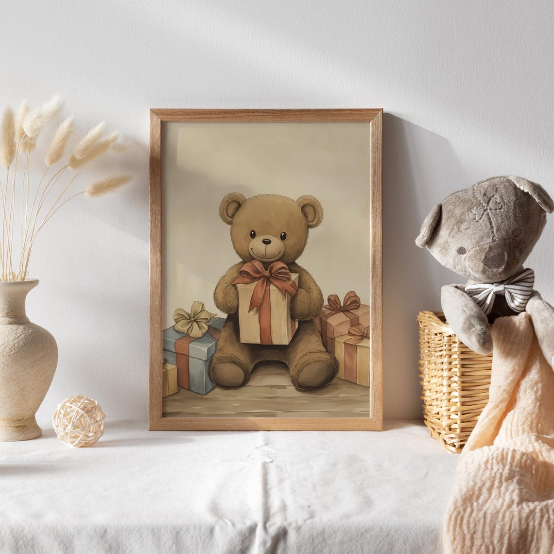 Teddy Bear with Ribbon-Tied Gift Boxes Birthday Nursery Poster - Image 2