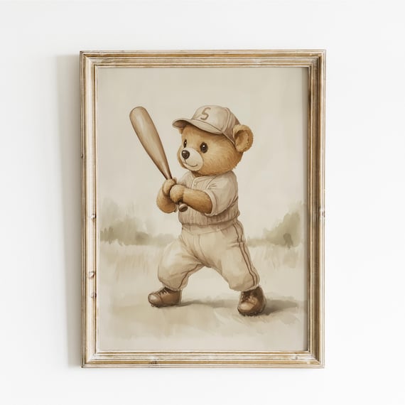 Teddy Bear Baseball Player with Cap and Bat Ready to Swing Poster