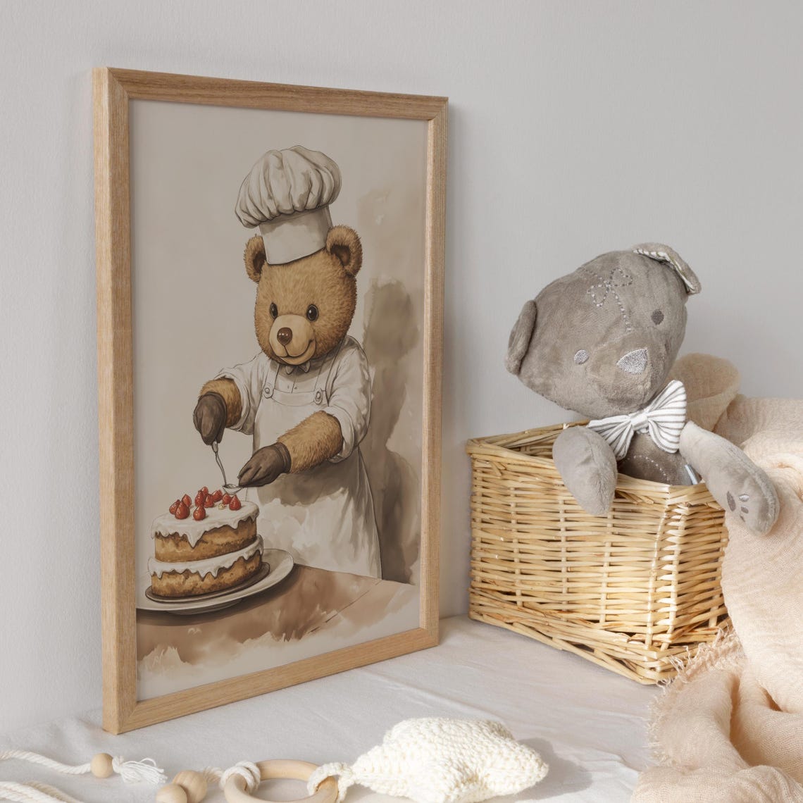 Teddy Bear Pastry Chef Decorating a Strawberry Layer Cake Poster - Image 3