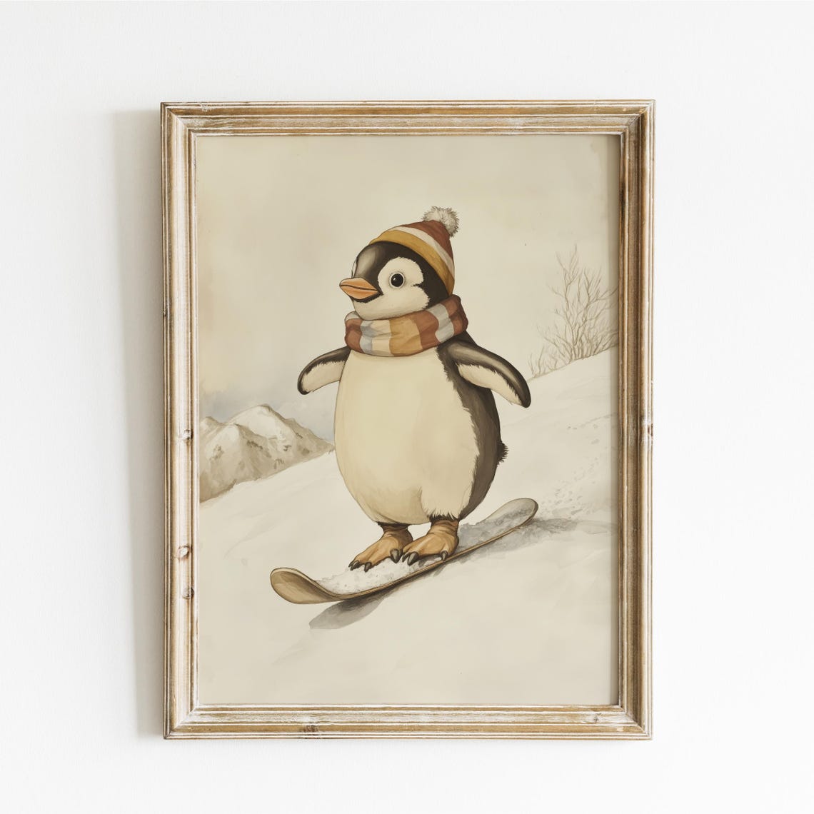 Penguin Snowboarding in a Knit Hat on a Snowy Mountain Poster