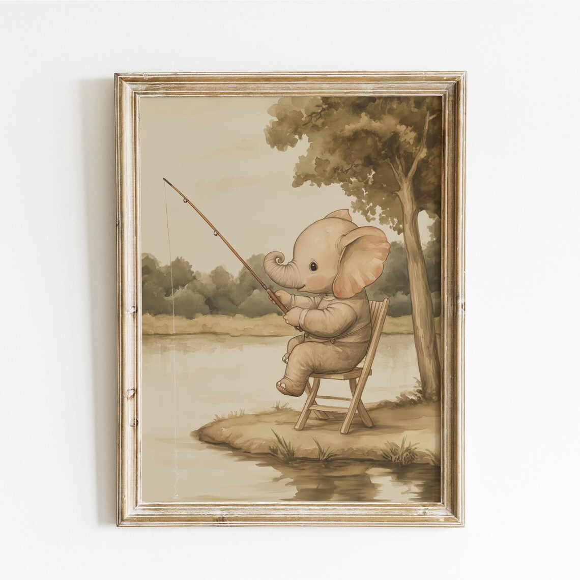 Baby Elephant Fishing from a Chair by a Quiet Pond Funny Poster