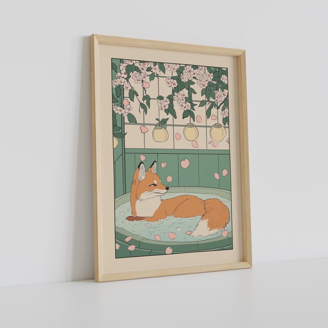 Red Fox Soaking in Japanese Bath Under Lanterns and Blossoms Poster - Image 2