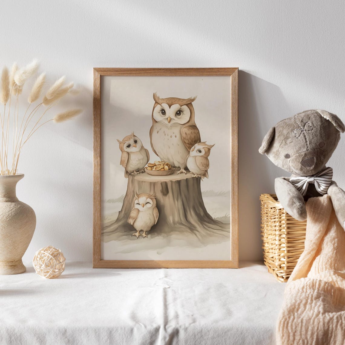 Owl Family Sharing Snacks Together on a Tree Stump Nursery Poster - Image 2