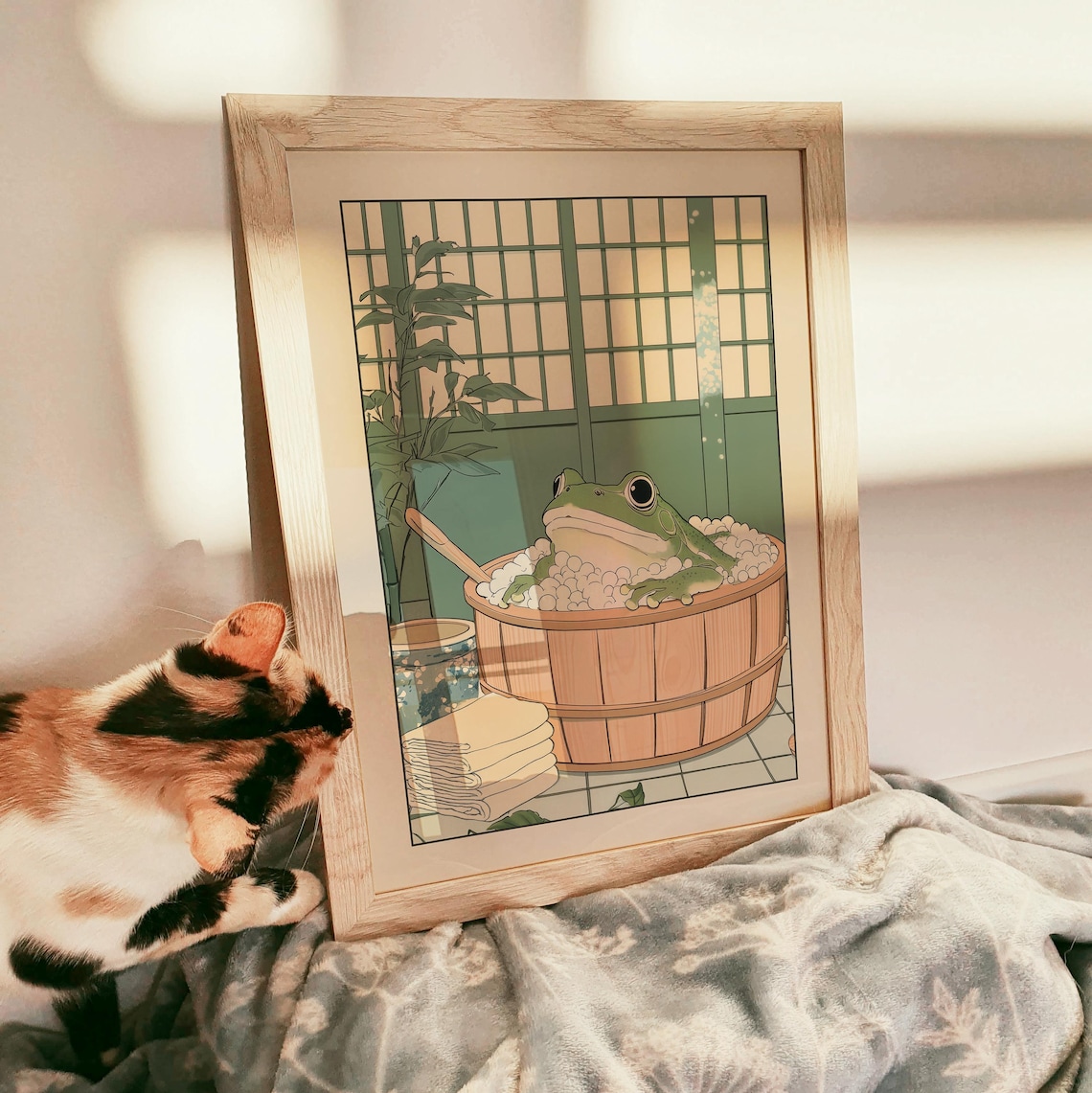 Green Frog Relaxing in a Wooden Barrel Bubble Bath Japanese Poster - Image 3