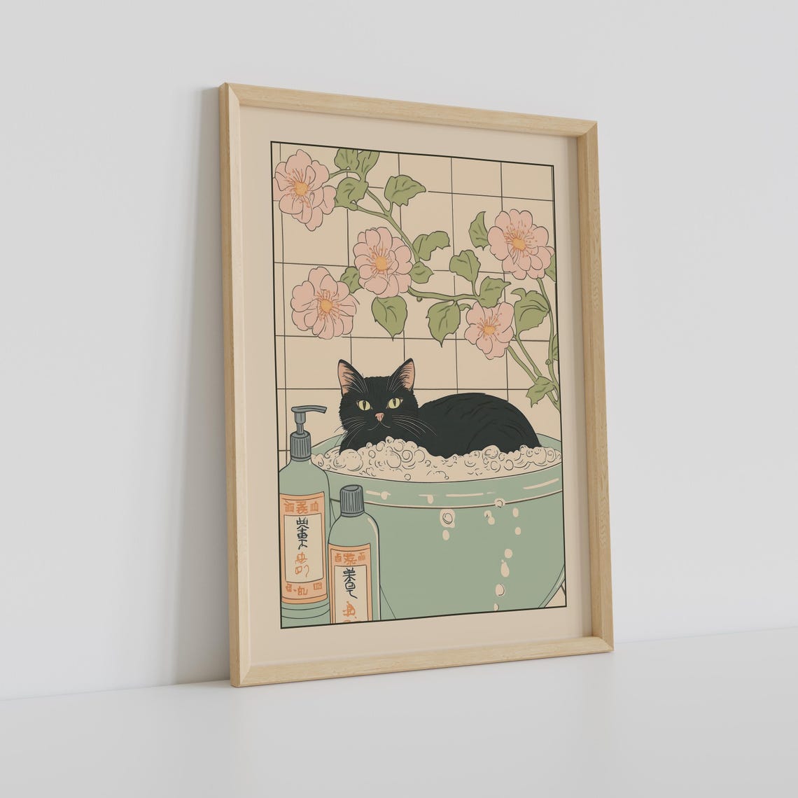 Black Cat Soaking in Green Bubble Bath With Pink Roses Poster - Image 2