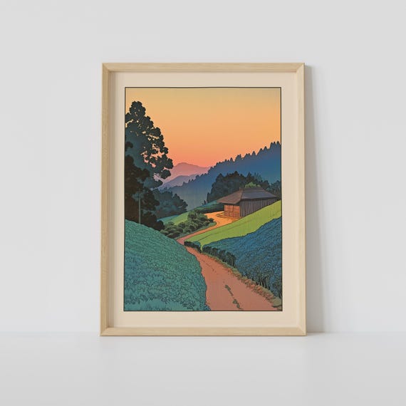 Morning In A Japanese Tea Field Print Vintage Wall Art Woodblock Japandi Relaxing Poster Decor