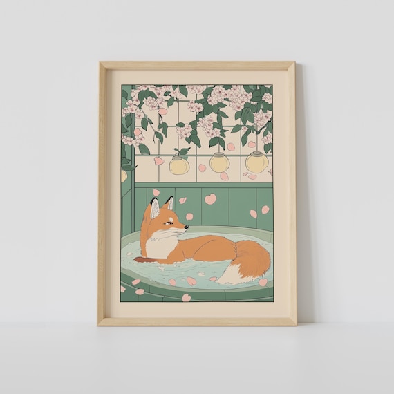 Red Fox Soaking in Japanese Bath Under Lanterns and Blossoms Poster
