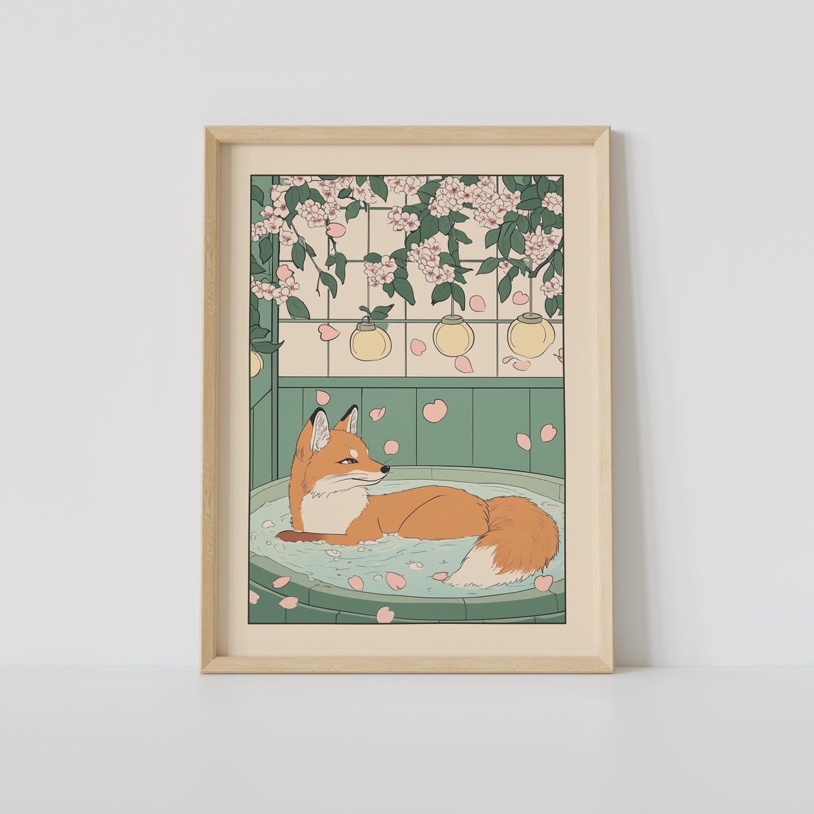 Red Fox Soaking in Japanese Bath Under Lanterns and Blossoms Poster