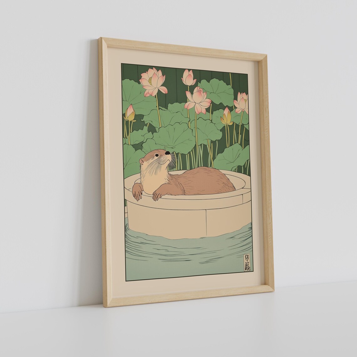 Otter Resting in Stone Tub Among Pink Lotus Flowers and Pads Poster - Image 2