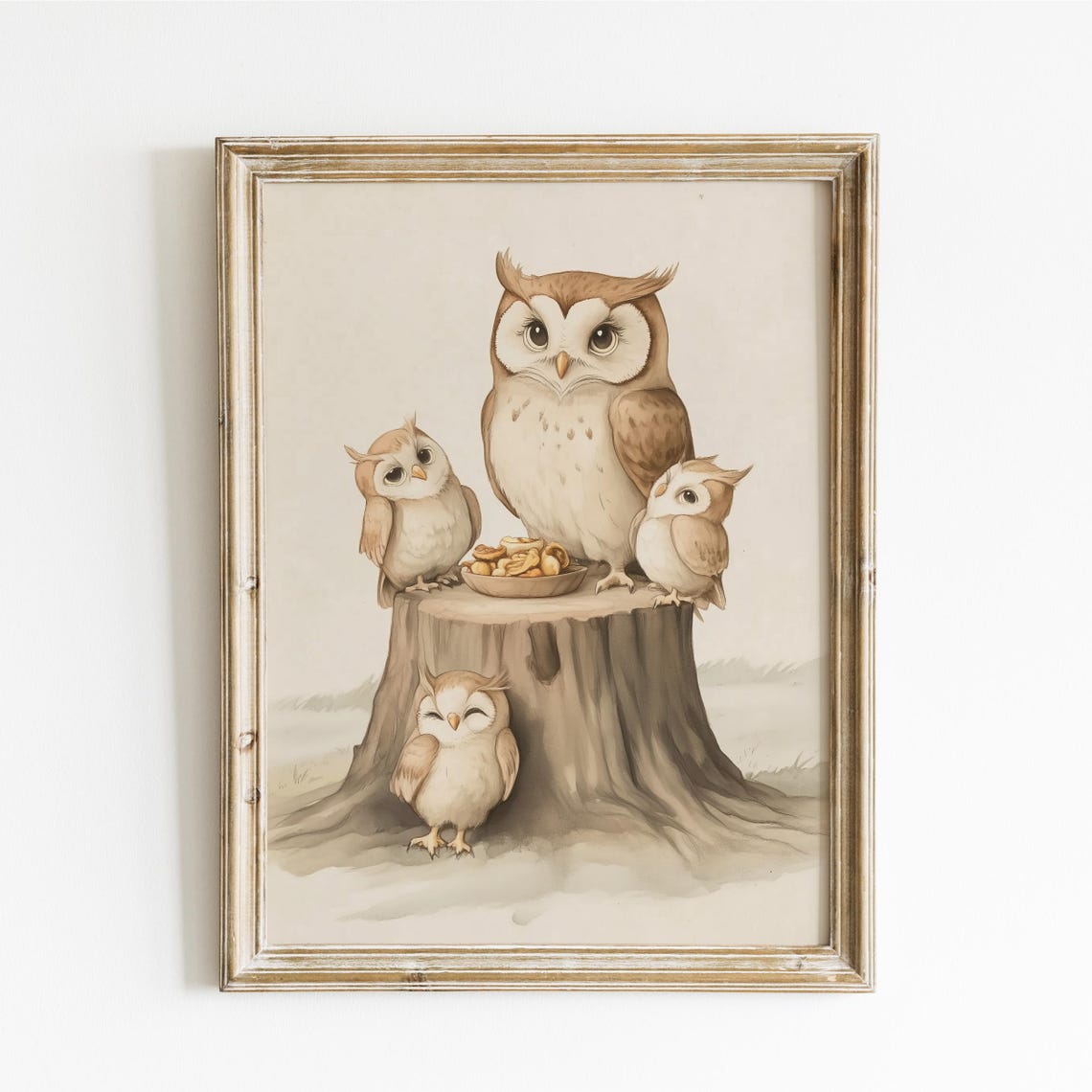 Owl Family Sharing Snacks Together on a Tree Stump Nursery Poster