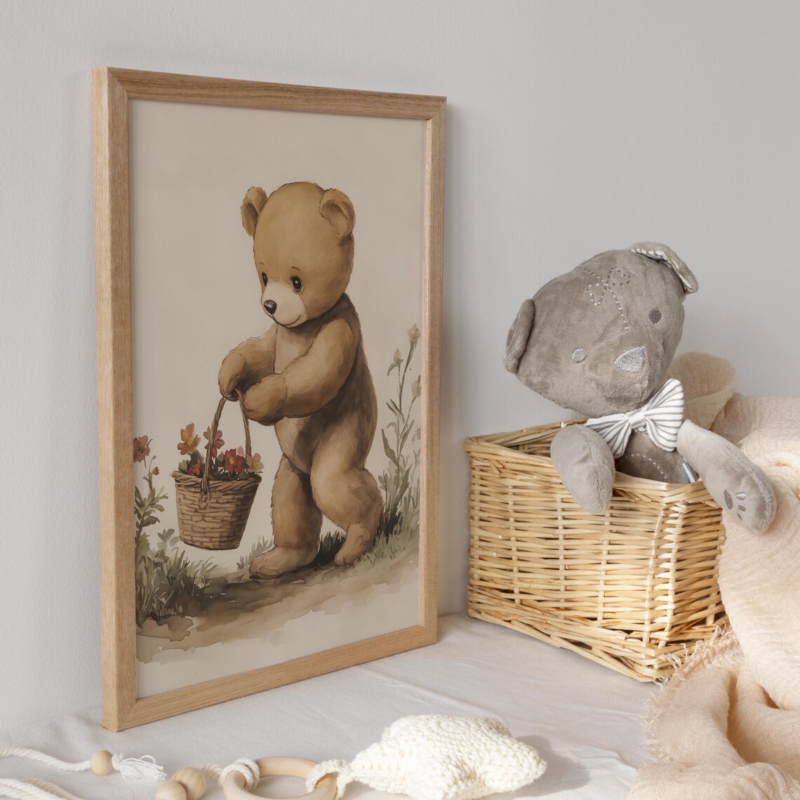 Teddy Bear Gathering Flowers in a Woven Basket Nursery Poster - Image 3