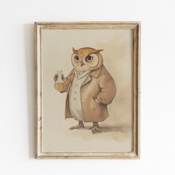 Scientist Owl Lab Coat Flask Watercolor Nursery Animal Art Print