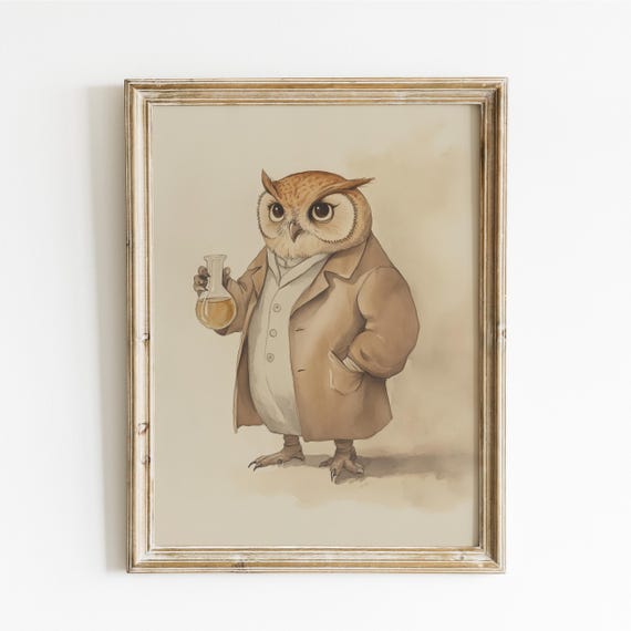 Scientist Owl Print Science Nursery Decor Animal Art Gender Neutral Playroom Kids Room Baby