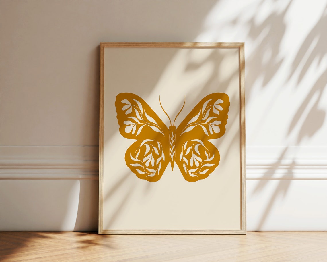 Mustard Butterfly Folk Art Botanical Wings Minimalist Nature Poster - Image 2