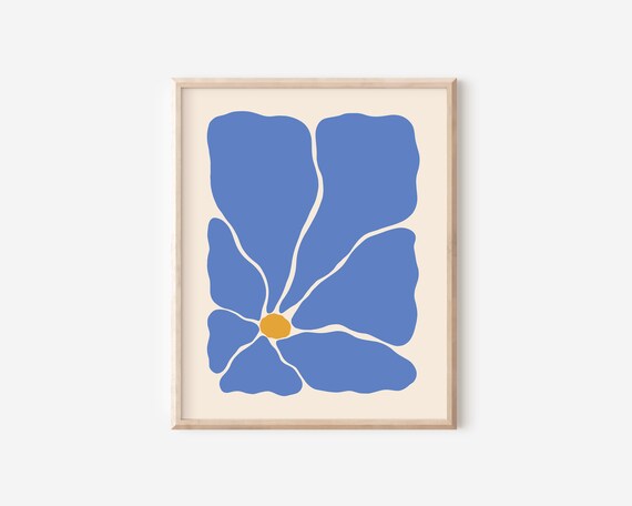 Retro Blue Abstract Flower Yellow Center Groovy Trendy Wall Art