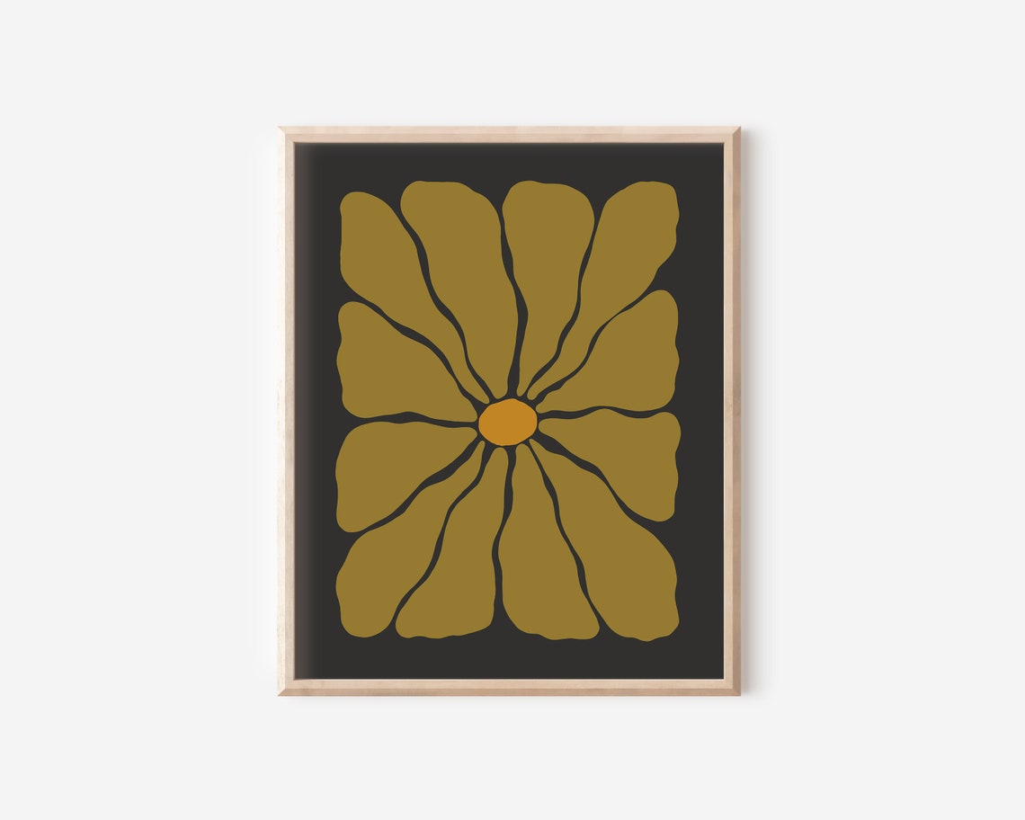 Antique Gold Groovy Bloom Amber Heart Black Retro Floral Poster - Image 2