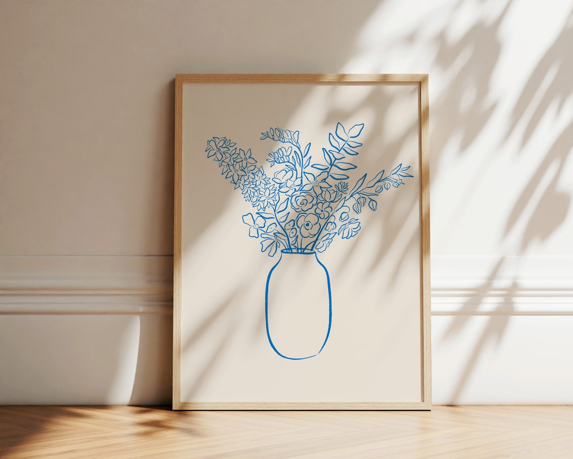 Minimalist Blue Ink Line Drawing Flower Bouquet Vase Botanical Poster